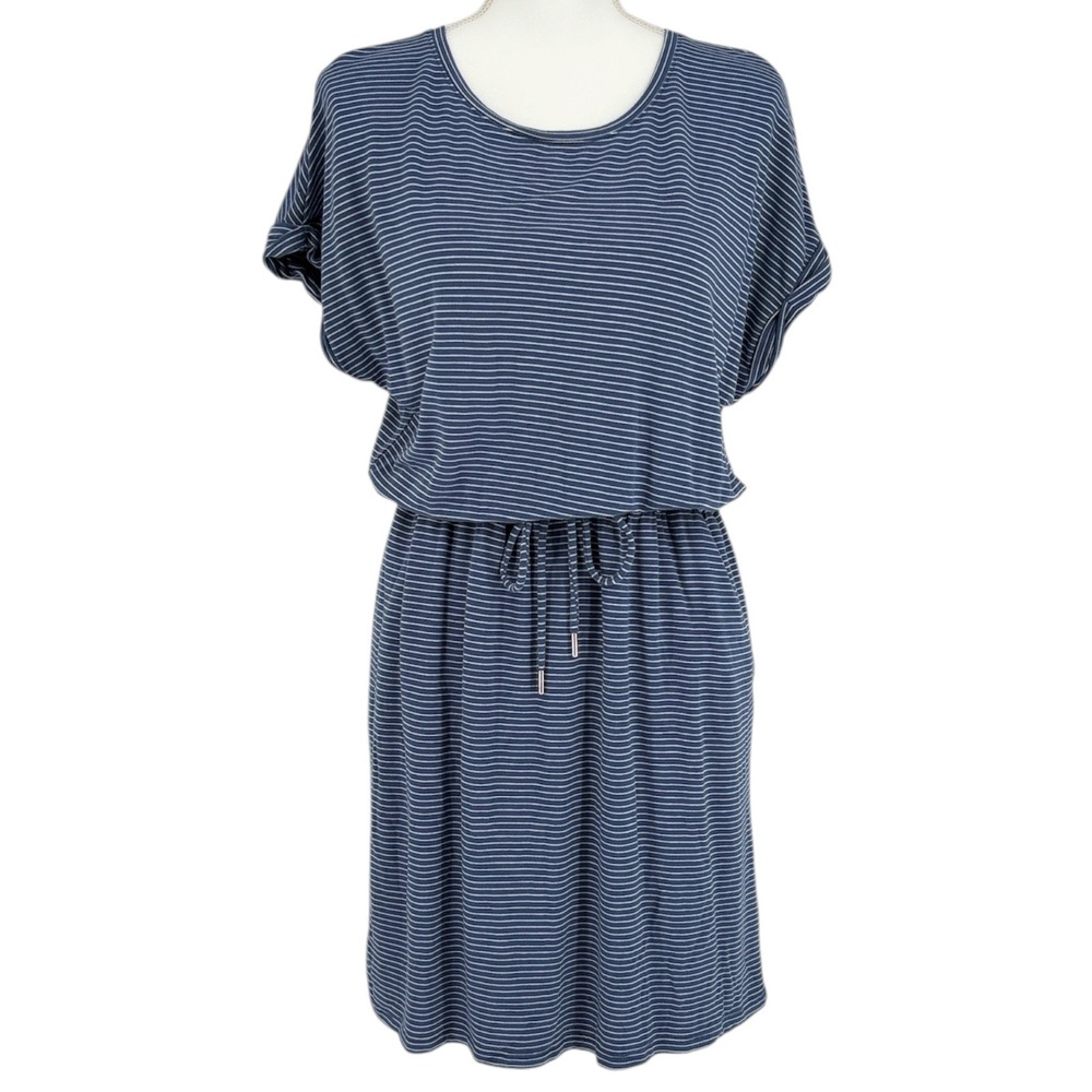 Hilary Radley Blue White Stripe Knit Dress Drawstring Waist Rayon Stretch M